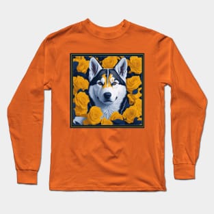 Dogs, Husky and flowers, dog, style vector (yellow version 2 Siberian Husky) Long Sleeve T-Shirt